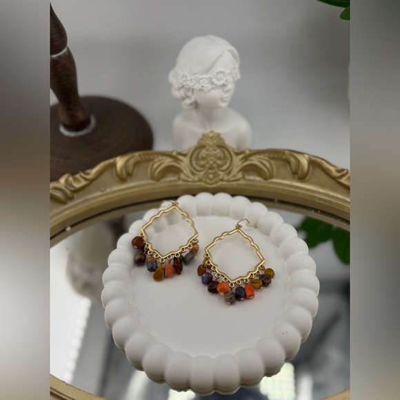 Boho Chic Multicolor Gemstone Dangle Earrings – Gold Frame ✨🌈 - Picture 4 of 5